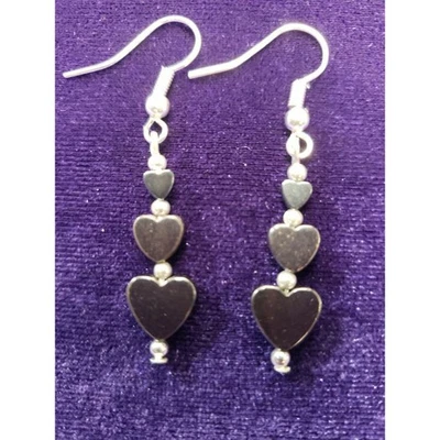 Heart Shaped Hematite and Silver Colored Dangle Earrings Graduating Sizes - Image 1 of 4