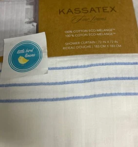 Kassatex Shower Curtain White Blue Stripes 72" x 72" New Coastal Cotton Fringed - Picture 1 of 8