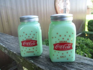 Coca-Cola Salt and Pepper Shaker Jadeite Glass Depression Style Stars Logo - Picture 1 of 3