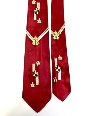 Vtg 40 50’s Red Rockabilly Gold Leaf Swing Art Deco Fall Silk Rat Pack Necktie - Image 1 of 4