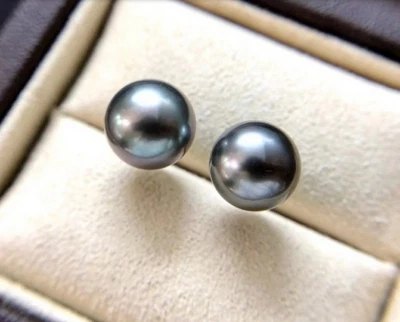 Par de 9-10 mm Mar del Sur Genuino Negro Pavo Real Gris Redondo Perla Pendientes AAA Foto 1 de 2