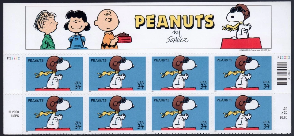 Scott #3507 - Peanuts Snoopy - Title Plate Block (Half Sheet) Of 8 Stamps - MNH - Image 1 of 1