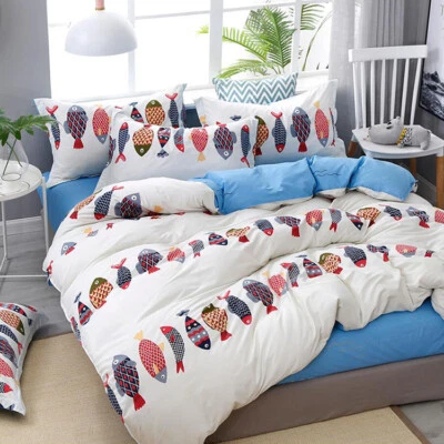 Fish Print Blue Bedding Set Duvet Quilt Cover+Sheet+Pillow Case Four-Piece HOT - Image 1 of 3