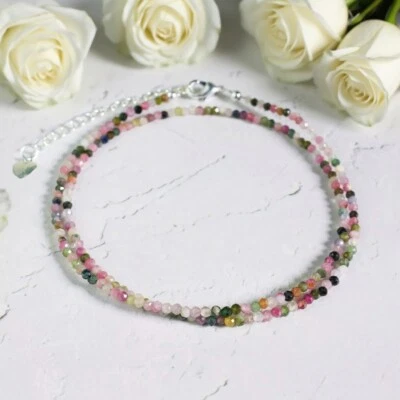 Rainbow Fluorite 2mm Crystal Gemstone Beads Minimalist Dainty Choker Necklace - Image 1 of 4