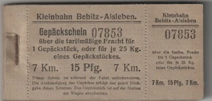 Kleinbahn  Bebitz  - Alsleben  Block mit 40 Gepäckscheinen je 25 Kg ,7km 15Pfg. - Bild 1 von 2