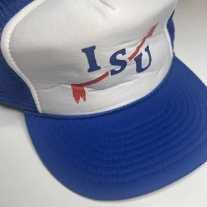 Vintage Nissin ISU Spear Snapback Hat Cap Blue White Sports Trucker Foam Cord - Picture 1 of 16