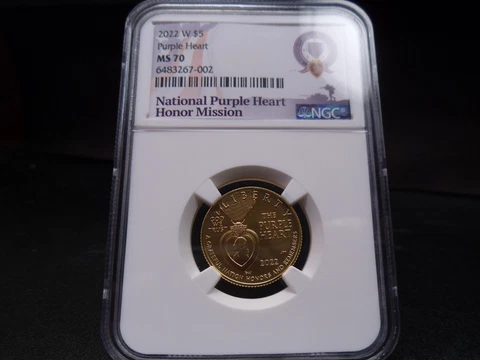 2022-W MS70 $5 Gold Purple Heart Commemorative NGC Certified Mint Perfect Cover