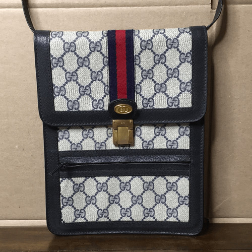 Borsa messenger GUCCI GG Ophidia Sherryline a righe pelle navy rivestita grigia in tela