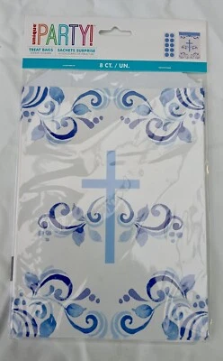Confirmation Party Bags Communion Christening Blue Cross Paper Treat Bags x 8 - Image 1 of 4