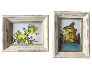 2 Vintage Frog Tadpole Fishing  Painting Canvas Frames Signed ANN  9.5 X 7.5 - Picture 1 of 12