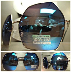 OVERSIZE VINTAGE HEXAGON RETRO Style SUNGLASSES Large Big Silver Frame Blue Lens - Picture 1 of 10