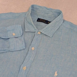 Polo Ralph Lauren Shirt Mens 2XL Button Up Aqua Blue 100% Linen Lightweight - Picture 1 of 9