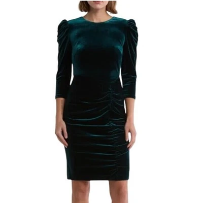 VINCE CAMUTO Ruched Velvet Bodycon Cocktail Dress Sz 12 Hunter Green Puff Sleeve - Image 1 of 4