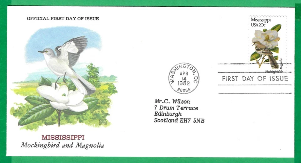 USA ~ STATE BIRDS & FLOWERS ~ MISSISSIPPI MOCKINGBIRD & MAGNOLIA ~ 14th APR 82 - Image 1 of 1