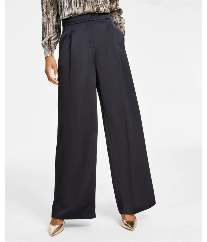 Pantalones informales de satén Michael Kors para mujer de pierna ancha, negros, pequeños, 16 P Foto 1 de 1