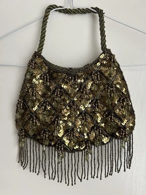 Evening Bag Sequinned Front/Satin Back Olive &Gold Sequins & Beads & Tassels - Image 1 of 4