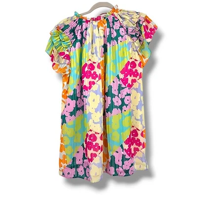 Blusa XL Floral Linha A Manga Babado Colorida Plissada Brilhante Festa Coquetel - Imagem 1 de 4