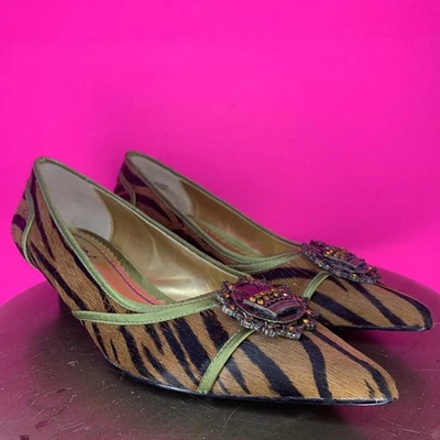 Hale Bob Green Leather Trim Brown Black Tiger Pony Hair Low Heel Pump Sz 6.5 - Image 1 of 4