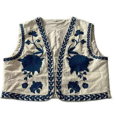 Boho Festival Ivory Crinkle Vest with Blue Embroidery - Image 1 of 4