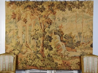 Magnífico tapiz tejido verde francés vintage grande colgante de pared, locura y pájaros Foto 1 de 4