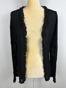 Chicos Size 1 M 8 Black Knitted Semi Sheer Sweater Ruffle Trim Open Loose Knit - Picture 1 of 9