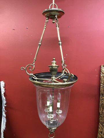Fine Brass 46”  Glass Bell Jar Antique Style  Pendant 3 Lt. E78532-HC  Hinkley Cover