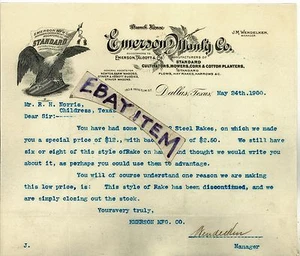 1900 LETTERHEAD Emerson Fabricación DALLAS TEXAS Maquinaria Agrícola J M WENDELKEN - Imagen 1 de 1