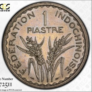 French Indochina, Piastre 1947, Lecompte-320, Reeded Edge Type, PCGS MS63 - Picture 1 of 4