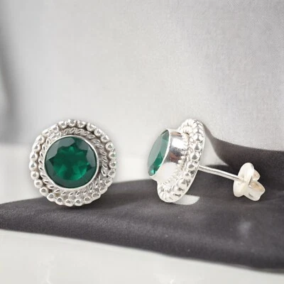 Emerald Gemstone Stud Dainty Green Earrings 925 Sterling Silver Jewelry - Image 1 of 4