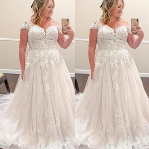 Plus Size Wedding Dresses Off Shoulder Lace Appliques Boho Beach Bridal Gowns - Picture 1 of 10