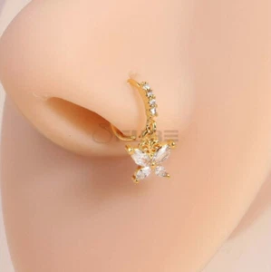 Butterfly Gold Crystal Dangling Dangle Drop Nose Hoop Stud Ring Nose Ring - Picture 1 of 8