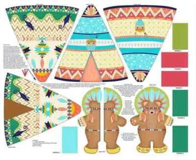 Exclusively Quilters Pow Wow Fabric Panel Moon Bear Indian Plush Pillows Teepee - Image 1 of 4