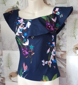 Ted Baker Imygen Blue Tropical Oasis Frill Summer Bardot Top Size 0 UK 6 - Picture 1 of 4