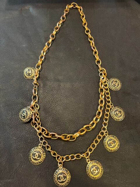 CHANEL BELT AUTH Coco chain CC Rare Gold Vintage Medal Coin Necklace Black F /S