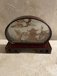 Vtg Chinese San You 8" x 6" diorama cork carving sculpture wood glass case - Picture 1 of 10