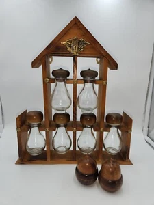 Wooden Spice Rack 6 Glass Mushroom Shaped Jars Lids Eagle Acorn Salt Pepper - Picture 1 of 24