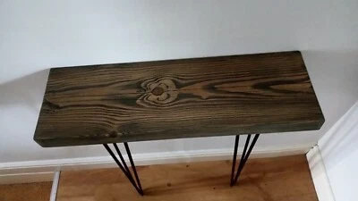 Slim Console hall table, black stained pine, metal hairpin legs - Image 1 of 4