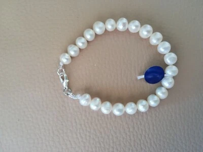 Braccialetto perle vere naturali 8/9mm bianche chiusura tono argento NUOVO - Immagine 1 di 4