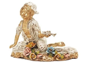 STATUA PESCIVENDOLO COMPARE TURIDDU CON FIORI IN CERAMICA FOGLIA ORO SCULTURA - Imagen 1 de 1