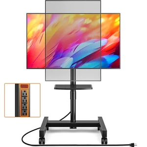 Rolling TV Stand with Power Outlet Height Adjustable Mobile TV Cart with Shelves - Picture 1 of 8