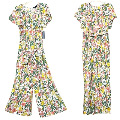 Lane Bryant Floral Linen Jumpsuit Sz 20 Flutter Sleeve Smocked Neck Wide Leg NWT - Image 1 of 4