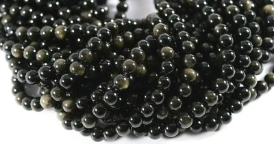Lovely Natural Black Gold Sheen Obsidian 8mm Round Beads 16" Strand  - Image 1 of 2