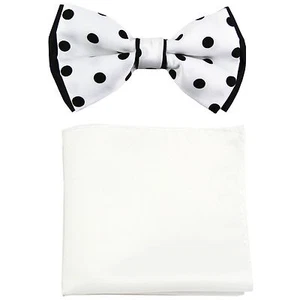 New Men's Two Layer Tones Pre-tied Bow Tie and Hankie Set White Black Dots - Picture 1 of 4