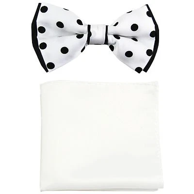 New Men's Two Layer Tones Pre-tied Bow Tie and Hankie Set White Black Dots - Image 1 of 4