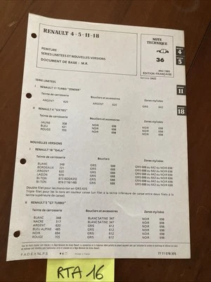Renault Nota Tecnica R4 R5 R11 R18 Vernice Edizioni Limitate 1985 - Immagine 1 di 2