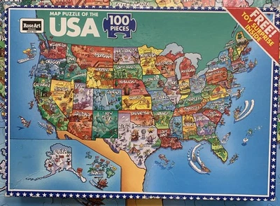 Map of The USA 100 Piece Jigsaw Puzzle 1993 Rose Art Complete Made In USA - Image 1 of 4