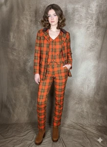 RARE Vtg 60s 70s 3 Pc Plaid Jumpsuit Petit by Val Hughes Mod Pantsuit Vest Pants - Picture 1 of 19