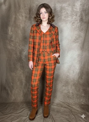 RARE Vtg 60s 70s 3 Pc Plaid Jumpsuit Petit by Val Hughes Mod Pantsuit Vest Pants - Image 1 of 4