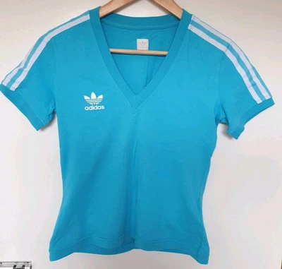 Adidas Originals Retro Crop T-Shirt Sz 8 6 XS Vintage Stripe V-Neck Cyan Blue - Image 1 of 4