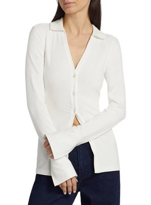 Derek Lam 10 Crosby 女式 Chandler 罗纹纽扣前上衣大号 Blanc 全新带标签 295 美元 — 第 1/4 张图片